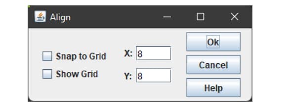 Align
Snap to Grid
Show Grid
X: 8
Y: 8
Ok
Cancel
Help
X