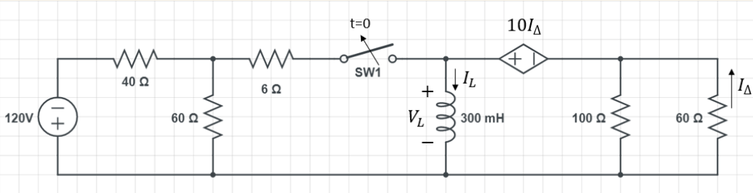 t=0
101A
swi
40 Q
+
120V
60 Q
300 mH
100 Q
60 Q
all
