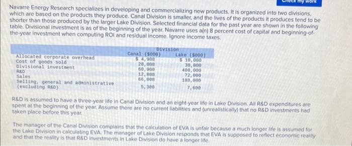 Navarre Energy Research specializes in developing and commercializing new products. It is organized into two divisions,
which are based on the products they produce. Canal Division is smaller, and the lives of the products it produces tend to be
shorter than those produced by the larger Lake Division. Selected financial data for the past year are shown in the following
table. Divisional investment is as of the beginning of the year. Navarre uses a(n) 8 percent cost of capital and beginning-of-
the-year investment when computing ROI and residual income. Ignore income taxes.
Allocated corporate overhead
Cost of goods sold
Divisional investment
R&D
Sales
Selling, general and administrative.
(excluding R&D)
Division
Canal ($000)
$4,900
28,000
60,900
12,800
66,008
5,300
Lake (5000)
$ 10,000
38,800
400,000
72,000
180,000
7,600
R&D is assumed to have a three-year life in Canal Division and an eight-year life in Lake Division. All R&D expenditures are
spent at the beginning of the year. Assume there are no current liabilities and (unrealistically) that no R&D investments had
taken place before this year.
The manager of the Canal Division complains that the calculation of EVA is unfair because a much longer life is assumed for
the Lake Division in calculating EVA. The manager of Lake Division responds that EVA is supposed to reflect economic reality
and that the reality is that R&D investments in Lake Division do have a longer life.