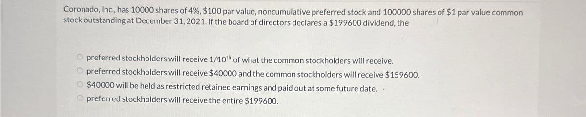 Coronado, Inc., has 10000 shares of 4%, $100 par value, noncumulative preferred stock and 100000 shares of $1 par value common
stock outstanding at December 31, 2021. If the board of directors declares a $199600 dividend, the
preferred stockholders will receive 1/10th of what the common stockholders will receive.
preferred stockholders will receive $40000 and the common stockholders will receive $159600.
$40000 will be held as restricted retained earnings and paid out at some future date.
preferred stockholders will receive the entire $199600.
OO