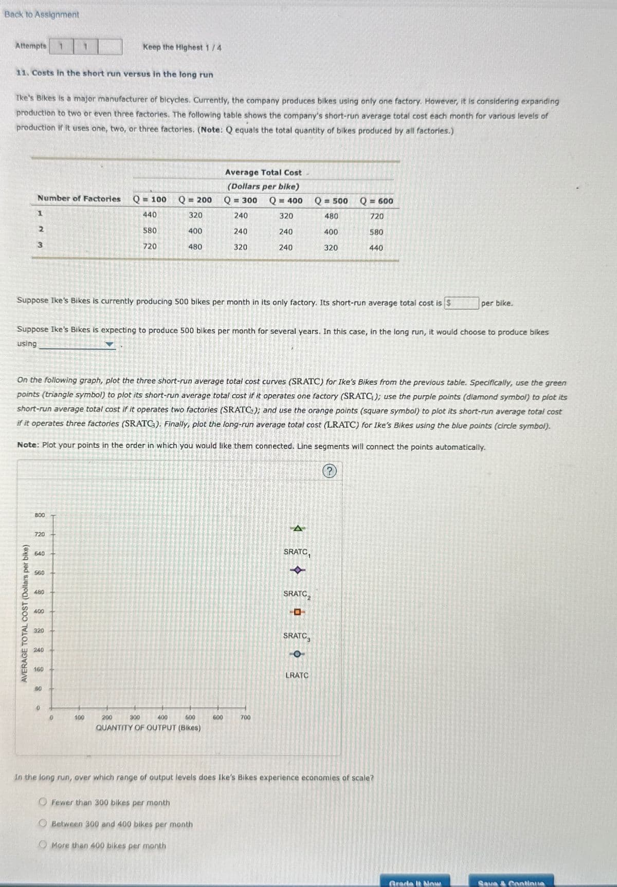 Back to Assignment
Attempts 1
1
Keep the Highest 1/4
11. Costs in the short run versus in the long run
Ike's Bikes is a major manufacturer of bicycles. Currently, the company produces bikes using only one factory. However, it is considering expanding
production to two or even three factories. The following table shows the company's short-run average total cost each month for various levels of
production if it uses one, two, or three factories. (Note: Q equals the total quantity of bikes produced by all factories.)
Average Total Cost
(Dollars per bike)
Number of Factories
Q = 100
Q = 200
Q = 300 Q = 400
Q = 500
Q = 600
1
440
320
240
320
480
720
2
580
400
240
240
400
580
3
720
480
320
240
320
440
Suppose Ike's Bikes is currently producing 500 bikes per month in its only factory. Its short-run average total cost is $
per bike.
Suppose Ike's Bikes is expecting to produce 500 bikes per month for several years. In this case, in the long run, it would choose to produce bikes
using
On the following graph, plot the three short-run average total cost curves (SRATC) for Ike's Bikes from the previous table. Specifically, use the green
points (triangle symbol) to plot its short-run average total cost if it operates one factory (SRATC); use the purple points (diamond symbol) to plot its
short-run average total cost if it operates two factories (SRATC); and use the orange points (square symbol) to plot its short-run average total cost
if it operates three factories (SRATC). Finally, plot the long-run average total cost (LRATC) for Ike's Bikes using the blue points (circle symbol).
Note: Plot your points in the order in which you would like them connected. Line segments will connect the points automatically.
AVERAGE TOTAL COST (Dollars per bike)
800
720
640
A
SRATC
560
SRATC
480
400
320
240
160
BO
0
0
100
200
300
400
500
600
700
QUANTITY OF OUTPUT (Bikes)
SRATC
-O
LRATC
In the long run, over which range of output levels does Ike's Bikes experience economies of scale?
Fewer than 300 bikes per month
Between 300 and 400 bikes per month
More than 400 bikes per month
Gradle It Now
Saue & Continua
