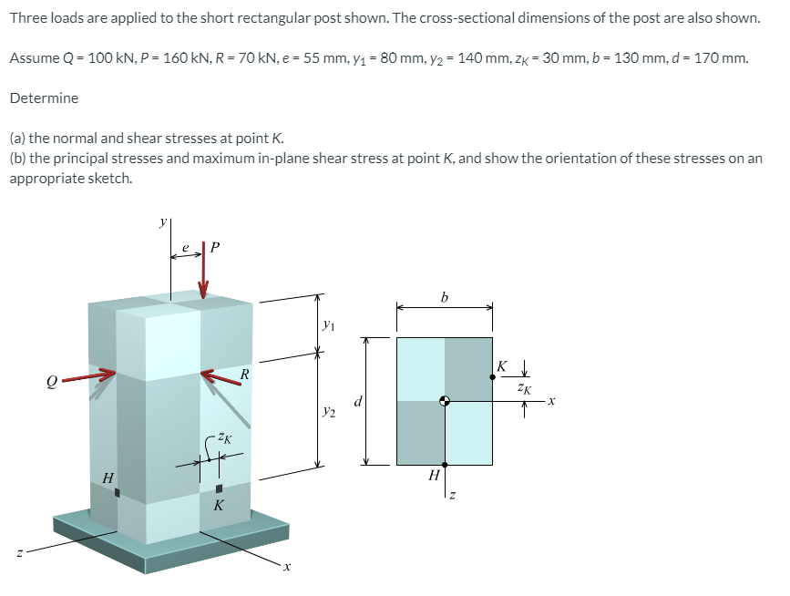 Three loads are applied to the short rectangular post shown. The cross-sectional dimensions of the post are also shown.
Assume Q = 100 kN, P = 160 kN, R = 70 kN, e = 55 mm, yı = 80 mm, y2 = 140 mm, zK = 30 mm, b = 130 mm, d = 170 mm.
Determine
(a) the normal and shear stresses at point K.
(b) the principal stresses and maximum in-plane shear stress at point K, and show the orientation of these stresses on an
appropriate sketch.
b
R
ZK
y2
H
H
K
