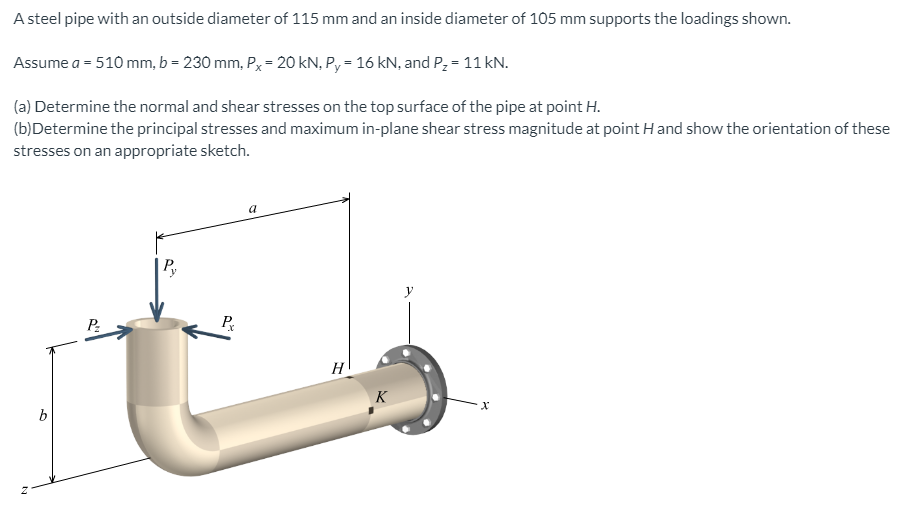 A steel pipe with an outside diameter of 115 mm and an inside diameter of 105 mm supports the loadings shown.
Assume a = 510 mm, b = 230 mm, Px = 20 kN, P, = 16 kN, and P, = 11 kN.
(a) Determine the normal and shear stresses on the top surface of the pipe at point H.
(b)Determine the principal stresses and maximum in-plane shear stress magnitude at point H and show the orientation of these
stresses on an appropriate sketch.
a
|P,
y
P:
P
H
K
