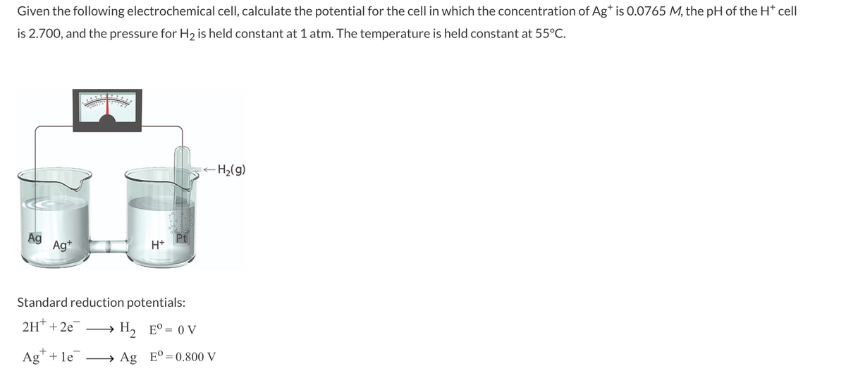 Given the following electrochemical cell, calculate the potential for the cell in which the concentration of Ag+ is 0.0765 M, the pH of the H* cell
is 2.700, and the pressure for H₂ is held constant at 1 atm. The temperature is held constant at 55°C.
Ag
Agt
H+
+
Ag+le
←H₂(g)
Standard reduction potentials:
2H+ + 2e
H₂ Fº = 0 V
→ Ag E°=0.800 V