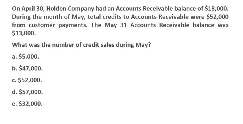 On April 30, Holden Company had an Accounts Receivable balance of $18,000.
During the month of May, total credits to Accounts Receivable were $52,000
from customer payments. The May 31 Accounts Receivable balance was
$13,000.
What was the number of credit sales during May?
a. $5,000.
b. $47,000.
c. $52,000.
d. $57,000.
e. $32,000.