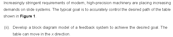 Increasingly stringent requirements of modem, high-precision machinery are placing increasing
demands on slide systems. The typical goal is to accurately control the desired path of the table
shown in Figure 1.
(ii). Develop a block diagram model of a feedback system to achieve the desired goal. The
table can move in the x direction.
