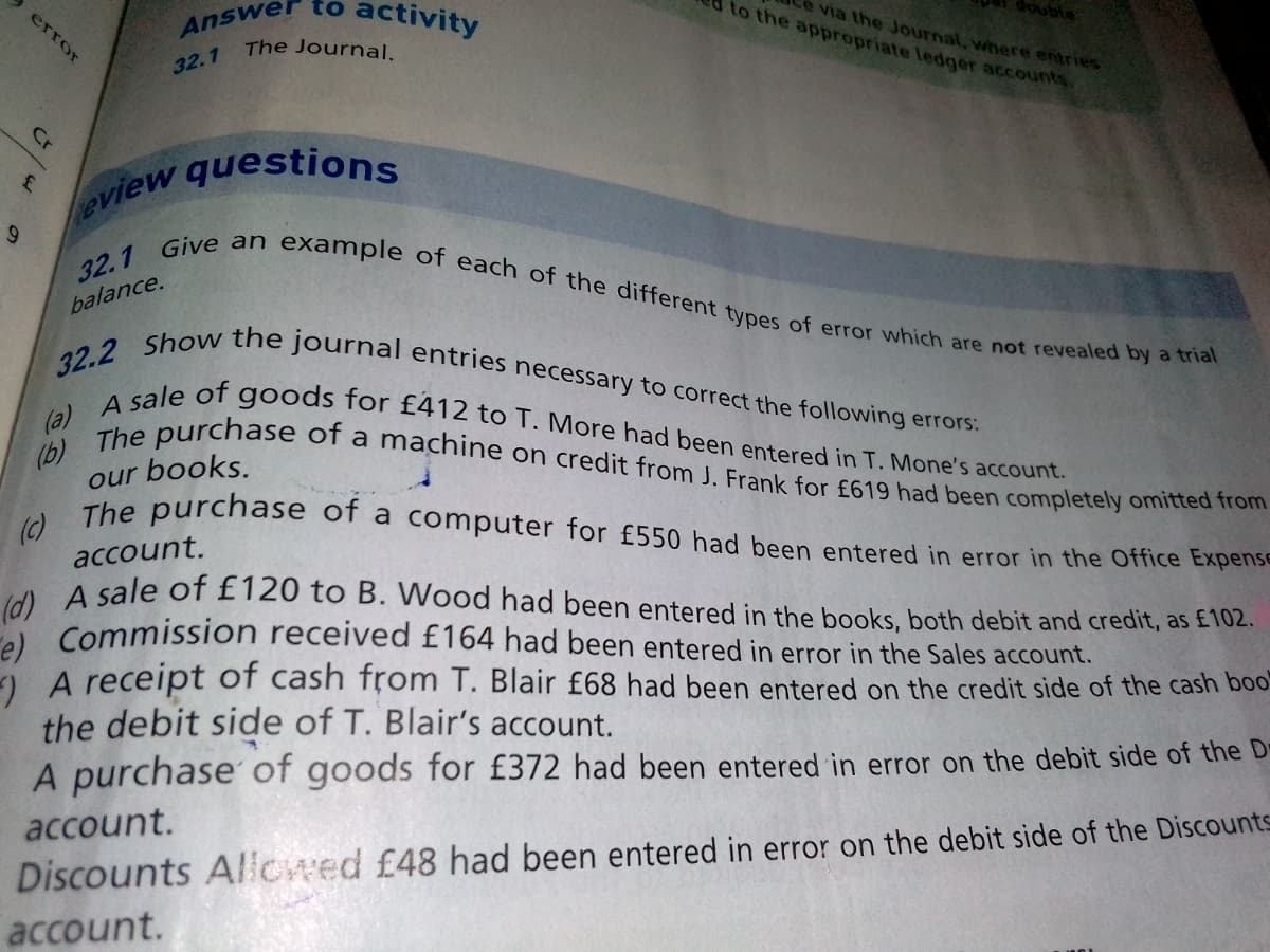 error
Cr
£
6
Answer to
32.1
activity
The Journal.
eview questions
32.1 Give an
balance.
double
to the appropriate ledger accounts
via the Journal, where entries
example of each of the different types of error which are not revealed by a trial
32.2 Show the journal entries necessary to correct the following errors:
(a) A sale of goods for £412 to T. More had been entered in T. Mone's account.
(b) The purchase of a machine on credit from J. Frank for £619 had been completely omitted from
our books.
(c) The purchase of a computer for £550 had been entered in error in the Office Expense
account.
(d) A sale of £120 to B. Wood had been entered in the books, both debit and credit, as £102.
e) Commission received £164 had been entered in error in the Sales account.
A receipt of cash from T. Blair £68 had been entered on the credit side of the cash boo
the debit side of T. Blair's account.
A purchase of goods for £372 had been entered in error on the debit side of the D
account.
Discounts Allowed £48 had been entered in error on the debit side of the Discounts
account.