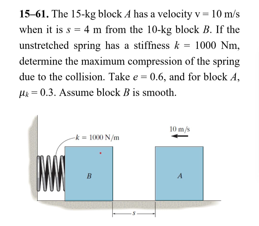 15-61. The 15-kg block A has a velocity v = 10 m/s
when it is s = 4 m from the 10-kg block B. If the
unstretched spring has a stiffness k = 1000 Nm,
determine the maximum compression of the spring
due to the collision. Take e = 0.6, and for block A,
Mk = 0.3. Assume block B is smooth.
WWW
-k = 1000 N/m
B
10 m/s