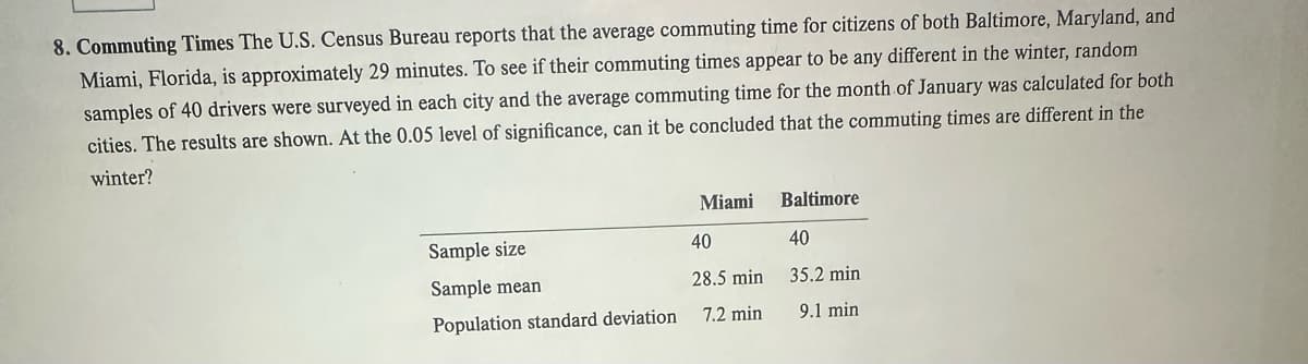 8. Commuting Times The U.S. Census Bureau reports that the average commuting time for citizens of both Baltimore, Maryland, and
Miami, Florida, is approximately 29 minutes. To see if their commuting times appear to be any different in the winter, random
samples of 40 drivers were surveyed in each city and the average commuting time for the month of January was calculated for both
cities. The results are shown. At the 0.05 level of significance, can it be concluded that the commuting times are different in the
winter?
Miami
Baltimore
Sample size
40
40
Sample mean
28.5 min 35.2 min
Population standard deviation
7.2 min
9.1 min