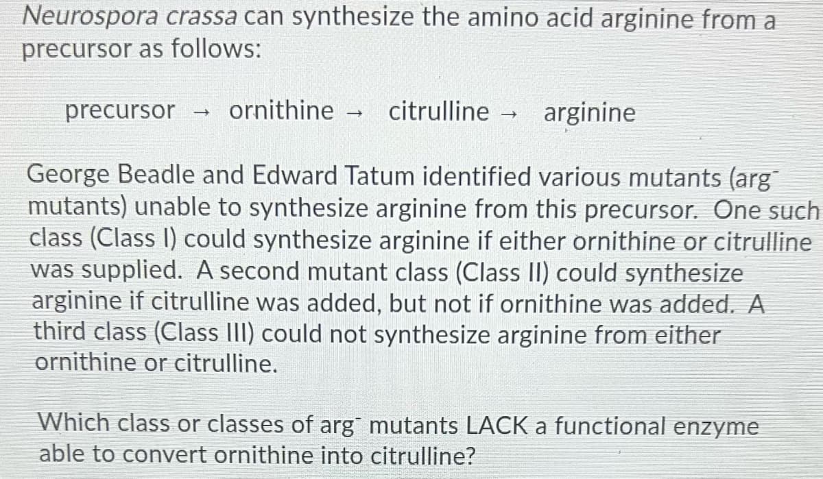 Neurospora crassa can synthesize the amino acid arginine from a
precursor as follows:
precursor
ornithine - citrulline arginine
George Beadle and Edward Tatum identified various mutants (arg
mutants) unable to synthesize arginine from this precursor. One such
class (Class I) could synthesize arginine if either ornithine or citrulline
was supplied. A second mutant class (Class II) could synthesize
arginine if citrulline was added, but not if ornithine was added. A
third class (Class II) could not synthesize arginine from either
ornithine or citrulline.
Which class or classes of arg mutants LACK a functional enzyme
able to convert ornithine into citrulline?
