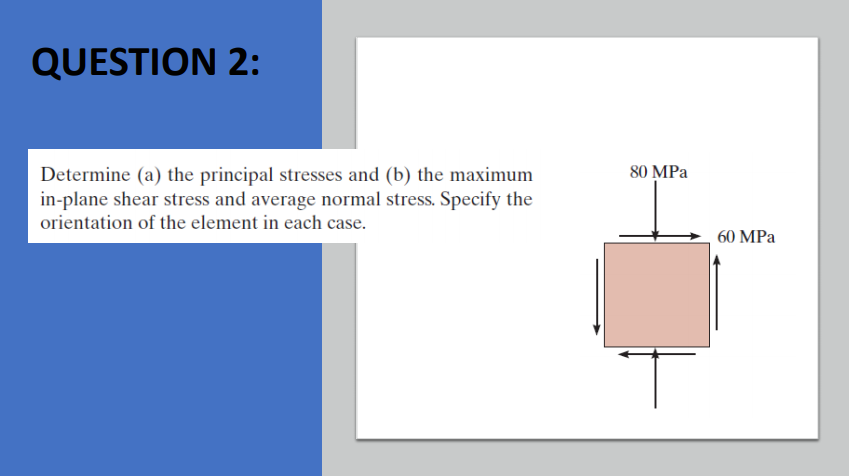 QUESTION 2:
Determine (a) the principal stresses and (b) the maximum
80 MPa
in-plane shear stress and average normal stress. Specify the
orientation of the element in each case.
60 MPa
