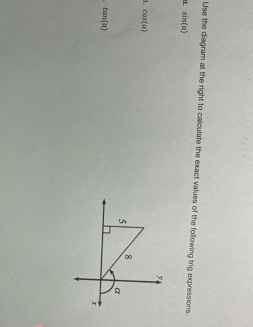 Use the diagram at the right to calculate the exact values of the following trig expressions.
a. sin(a)
D. cos(a)
- tan(a)
5
N
α