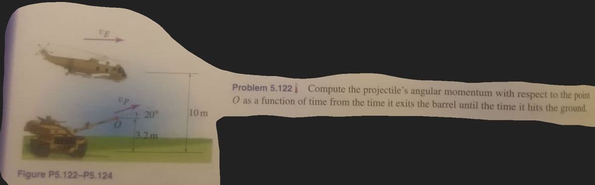 Problem 5.122 Compute the projectile's angular momentum with respect to the point
O as a function of time from the time it exits the barrel until the time it hits the ground.
UP
20°
10 m
3.2 m
Figure P5.122-P5.124
