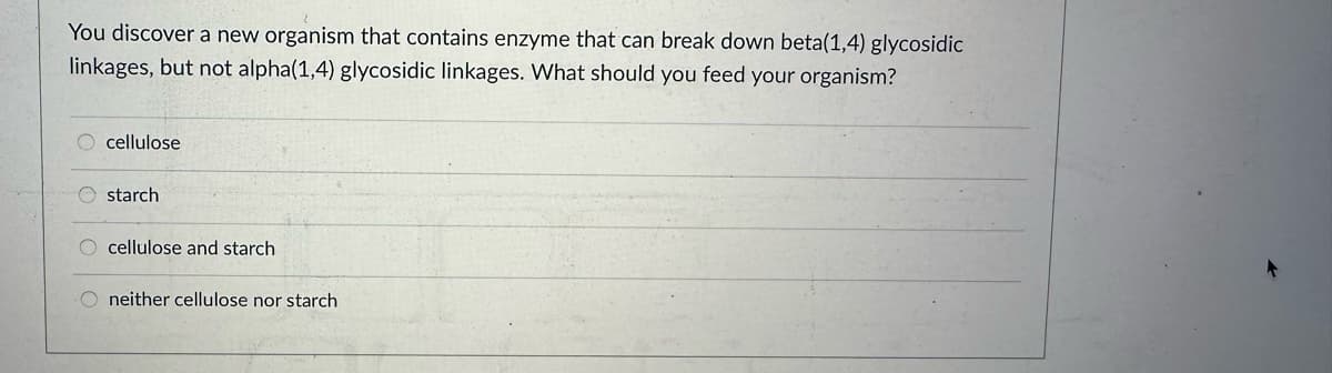 You discover a new organism that contains enzyme that can break down beta(1,4) glycosidic
linkages, but not alpha(1,4) glycosidic linkages. What should you feed your organism?
cellulose
starch
O cellulose and starch
Oneither cellulose nor starch