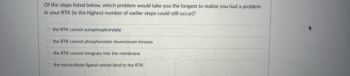 Of the steps listed below, which problem would take you the longest to realize you had a problem
in your RTK (ie the highest number of earlier steps could still occur)?
O the RTK cannot autophosphorylate
O the RTK cannot phosphorylate downstream kinases
the RTK cannot integrate into the membrane
the extracellular ligand cannot bind to the RTK