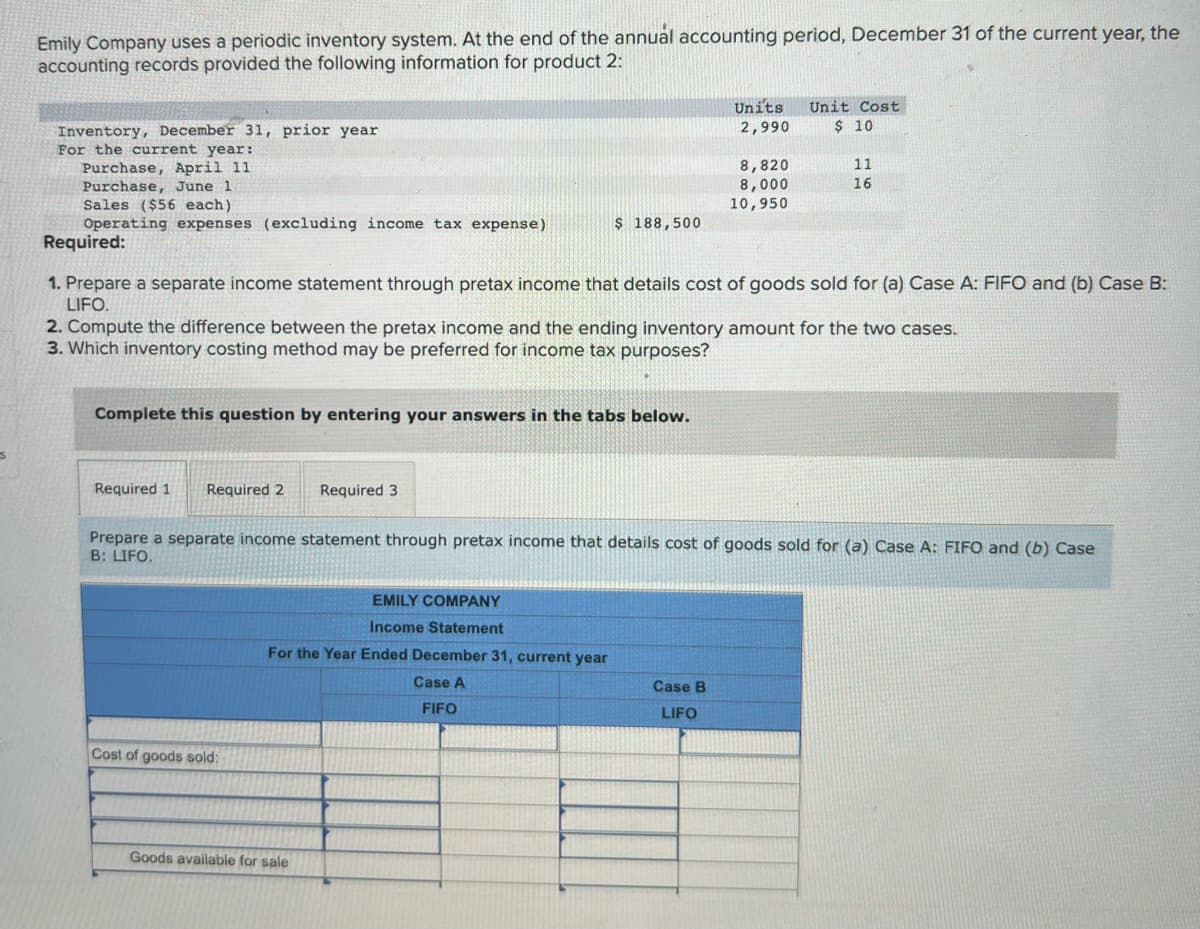 Emily Company uses a periodic inventory system. At the end of the annual accounting period, December 31 of the current year, the
accounting records provided the following information for product 2:
Inventory, December 31, prior year
For the current year:
Purchase, April 11
Purchase, June 1
Complete this question by entering your answers in the tabs below.
Required 1 Required 2
Sales ($56 each)
Operating expenses (excluding income tax expense)
Required:
1. Prepare a separate income statement through pretax income that details cost of goods sold for (a) Case A: FIFO and (b) Case B:
LIFO.
Cost of goods sold:
$ 188,500
2. Compute the difference between the pretax income and the ending inventory amount for the two cases.
3. Which inventory costing method may be preferred for income tax purposes?
Required 3
EMILY COMPANY
Income Statement
For the Year Ended December 31, current year
Case A
FIFO
Goods available for sale
Units
2,990
8,820
8,000
10,950
Unit Cost
$ 10
Prepare a separate income statement through pretax income that details cost of goods sold for (a) Case A: FIFO and (b) Case
B: LIFO.
Case B
LIFO
11
16