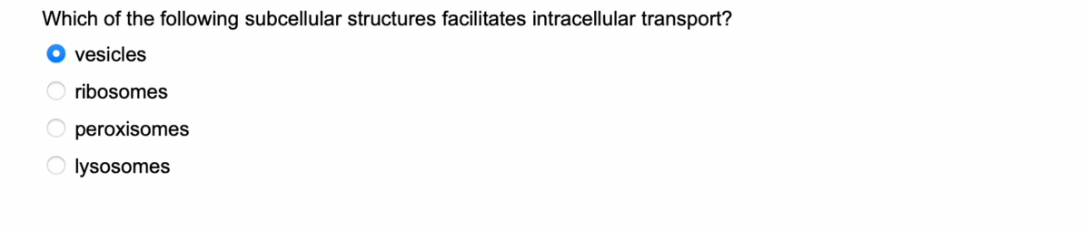 Which of the following subcellular structures facilitates intracellular transport?
vesicles
ribosomes
peroxisomes
lysosomes
оооо