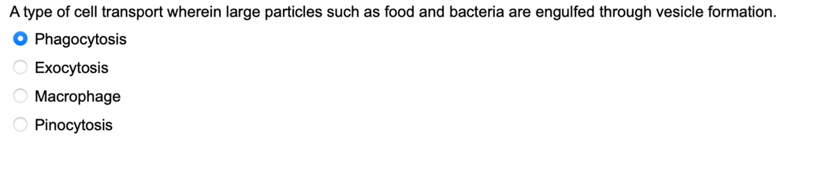 A type of cell transport wherein large particles such as food and bacteria are engulfed through vesicle formation.
Phagocytosis
Exocytosis
Macrophage
Pinocytosis
1 0 0