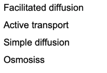 Facilitated diffusion
Active transport
Simple diffusion
Osmosiss