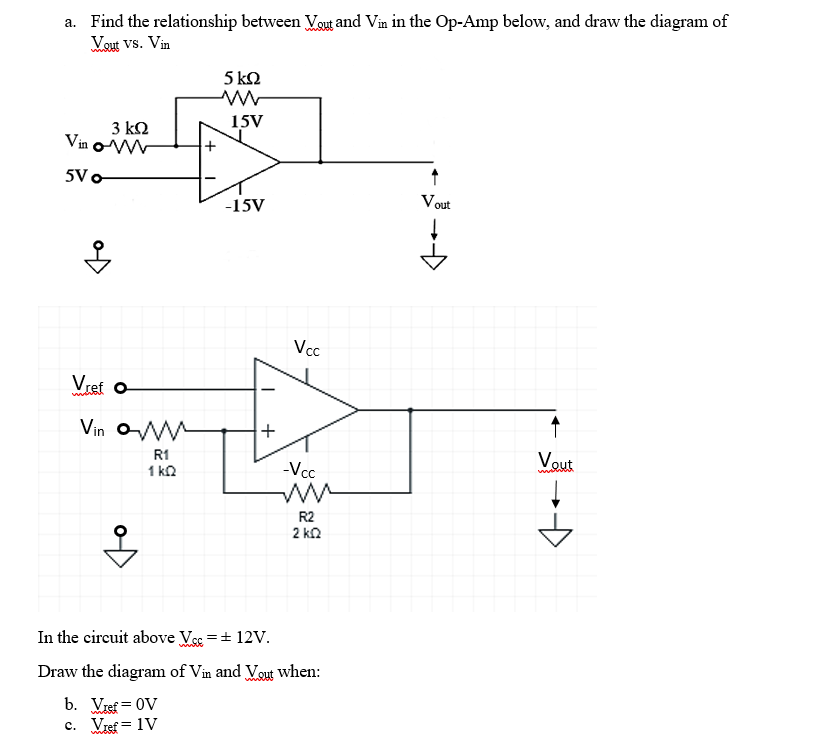a. Find the relationship between Vout and Vin in the Op-Amp below, and draw the diagram of
Vout VS. Vin
3 ΚΩ
Vino-W
5V o
Vret o
Vin
R1
1kQ2
5 ΚΩ
15V
-15V
+
Vcc
-Vcc
ww
R2
2 ΚΩ
In the circuit above Vcc=+ 12V.
Draw the diagram of Vin and Vout when:
b. Vref = OV
c. Vref = 1V
↑
Vout
Vout
www