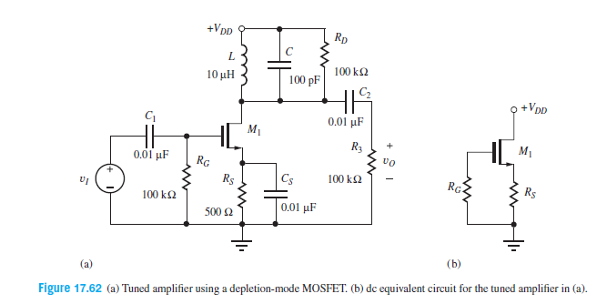 +VDD
Rp
L
100 kΩ
10 μΗ
100 pF
오+VDp
0.01 μF
M1
R3
M1
0.01 μF
RG
vo
Rs
Cs
100 k2
RG
Rs
100 k2
0.01 μF
500 2
(b)
(a)
Figure 17.62 (a) Tuned amplifier using a depletion-mode MOSFET. (b) dc equivalent circuit for the tuned amplifier in (a).
