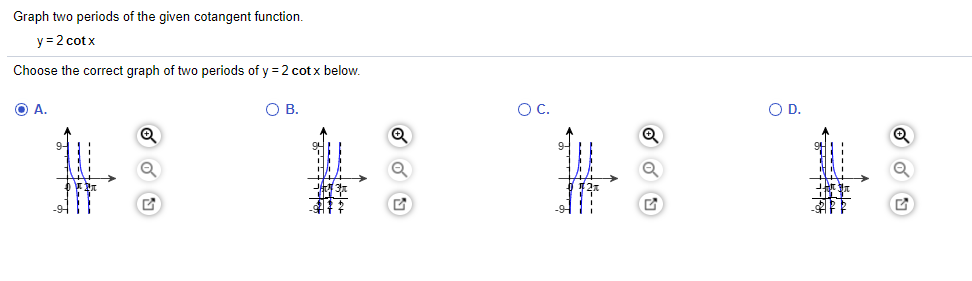 Graph two periods of the given cotangent function.
y = 2 cot x
Choose the correct graph of two periods of y = 2 cotx below.
OB.
OC.
OD.
