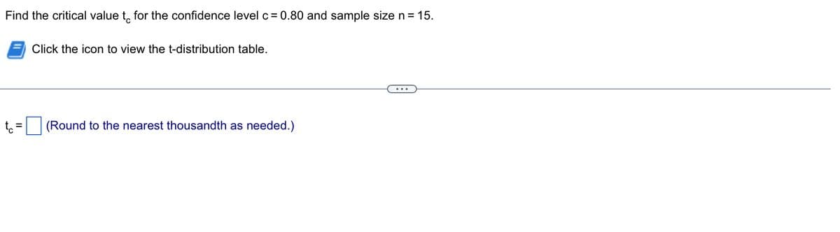 Find the critical value to for the confidence level c = 0.80 and sample size n = 15.
Click the icon to view the t-distribution table.
(Round to the nearest thousandth as needed.)