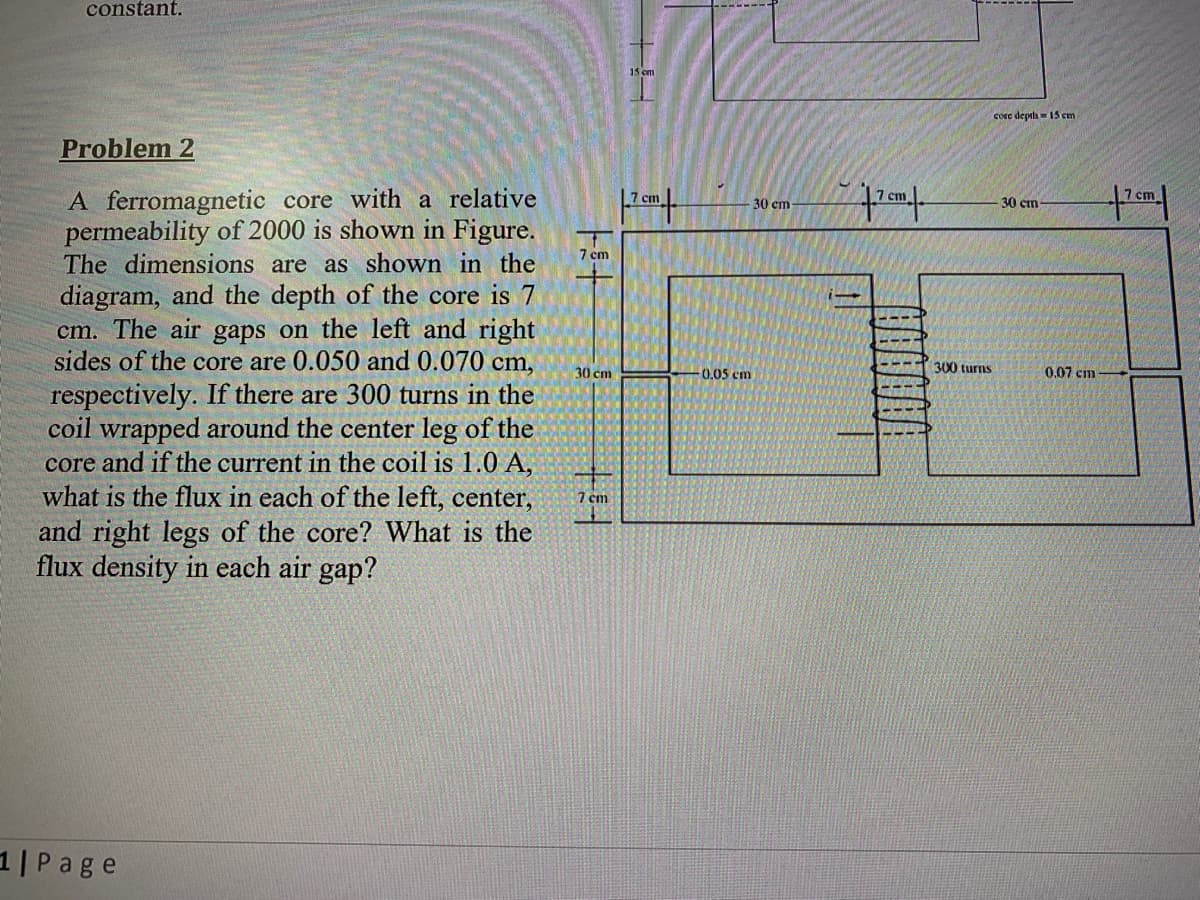 constant.
15 cm
core depth = 15 cm
Problem 2
A ferromagnetic core with a relative
permeability of 2000 is shown in Figure.
The dimensions are as shown in the
diagram, and the depth of the core is 7
cm. The air gaps on the left and right
sides of the core are 0.050 and 0.070 cm,
respectively. If there are 300 turns in the
coil wrapped around the center leg of the
core and if the current in the coil is 1.0 A,
what is the flux in each of the left, center,
and right legs of the core? What is the
flux density in each air gap?
|7 cm
30 cm
7 cm
7 cm
30 cm
7 cm
30 cm
-0,05 cm
300 turns
0.07 cm
7 cm
1|Page
