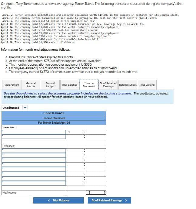 On April 1, Tony Turner created a new travel agency. Turner Travel. The following transactions occurred during the company's first
month.
April 2 Turner invested $40,000 cash and computer equipment worth $19,800 in the company in exchange for its common stock.
April 3 The company rented furnished office space by paying $2,400 cash for the first month's (April) rent.
April 4 The company purchased $1,200 of office supplies for cash.
April 10 The company paid $2,520 cash for a 12-month insurance policy. Coverage begins on April 11.
April 14 The company paid $1,820 cash for two weeks' salaries earned by employees.
April 24 The company collected $20,000 cash for commissions revenue.
April 28 The company paid $1,820 cash for two weeks' salaries earned by employees.
April 29 The company paid $500 cash for minor repairs to computer equipment.
April 30 The company paid $400 cash for this month's telephone bill.
April 30 The company paid $1,900 cash in dividends.
Information for month-end adjustments follows:
a. Prepaid Insurance of $140 expired this month.
b. At the end of the month, $750 of office supplies are still available.
c. This month's depreciation on computer equipment is $330.
d. Employees earned $728 of unpaid and unrecorded salaries as of month-end.
e. The company earned $1,770 of commissions revenue that is not yet recorded at month-end.
General
Requirement
Journal
General
Ledger
Trial Balance
Income St of Retained
Statement Earnings
Balance Sheet Post Closing
Use the drop-downs to select the accounts properly included on the income statement. The unadjusted, adjusted,
or post-closing balances will appear for each account, based on your selection.
Unadjusted
Revenues:
Expenses:
TURNER TRAVEL
Income Statement
For Month Ended April 30
S
0
0
0
0
0
0
0
0
0
0
Net income
$
0
<Trial Balance
St of Retained Earnings >