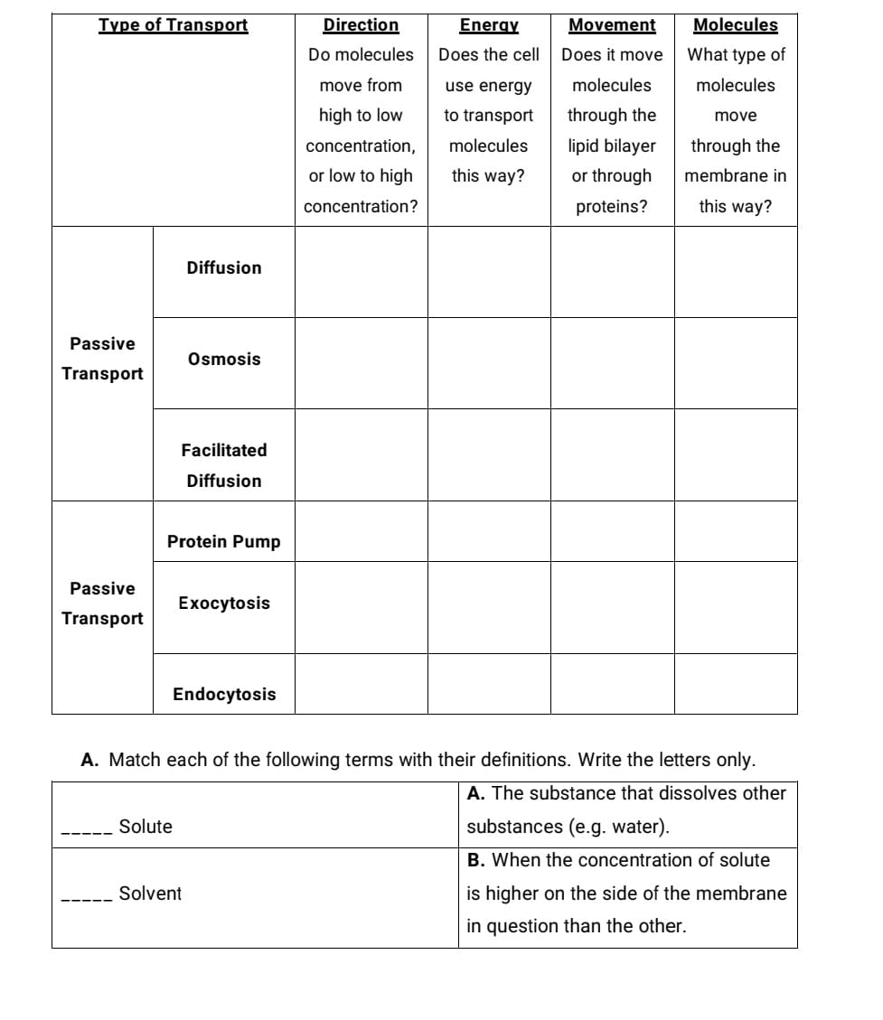 Type of Transport
Direction
Energy
Movement
Molecules
Do molecules
Does the cell|
Does it move
What type of
move from
use energy
molecules
molecules
high to low
to transport
through the
move
concentration,
molecules
lipid bilayer
through the
or low to high
this way?
or through
membrane in
concentration?
proteins?
this way?
Diffusion
Passive
Osmosis
Transport
Facilitated
Diffusion
Protein Pump
Passive
Exоcytosis
Transport
Endocytosis
A. Match each of the following terms with their definitions. Write the letters only.
A. The substance that dissolves other
Solute
substances (e.g. water).
B. When the concentration of solute
Solvent
is higher on the side of the membrane
in question than the other.
