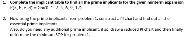1. Complete the implicant table to find all the prime implicants for the given minterm expansion
F(a, b, c, d) = Em(0, 1, 2, 5, 6, 9, 12)
2. Now using the prime implicants from problem 1, construct a PI chart and find out all the
essential prime implicants.
Also, do you need any additional prime implicant, if so, draw a reduced PI chart and then finally
determine the minimum SOP for problem 1.
