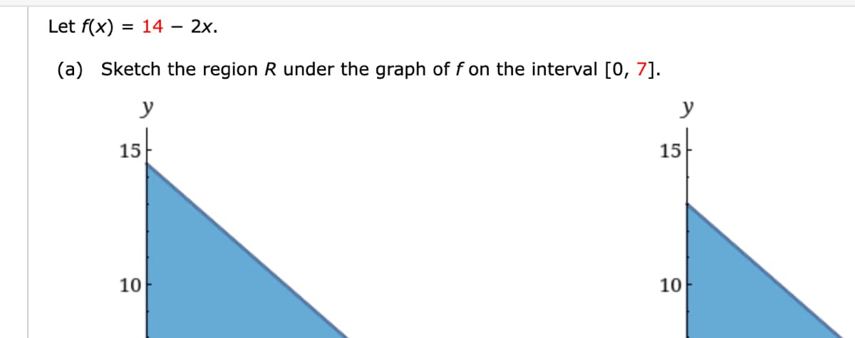 Let f(x)
= 14 - 2x.
(a) Sketch the region R under the graph of f on the interval [0, 7].
y
15
10
y
15
10
10