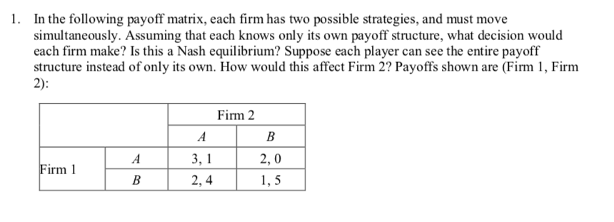 1. In the following payoff matrix, each firm has two possible strategies, and must move
simultaneously. Assuming that each knows only its own payoff structure, what decision would
each firm make? Is this a Nash equilibrium? Suppose each player can see the entire payoff
structure instead of only its own. How would this affect Firm 2? Payoffs shown are (Firm 1, Firm
2):
Firm 2
A
В
A
3, 1
2, 0
Firm 1
B
2, 4
1, 5
