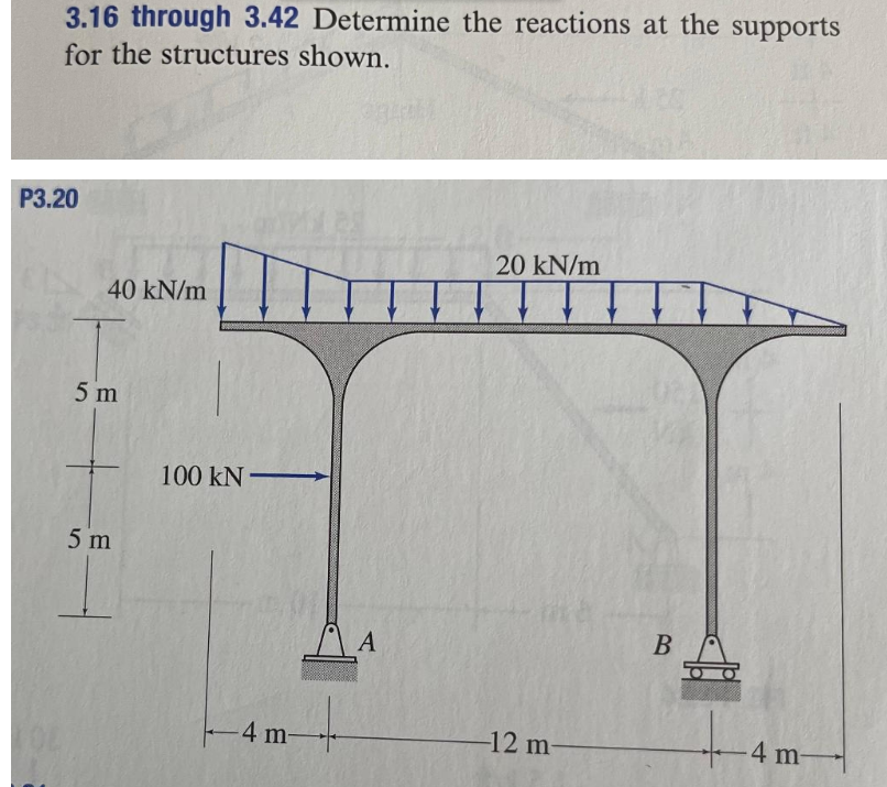 3.16 through 3.42 Determine the reactions at the supports
for the structures shown.
P3.20
40 kN/m
5 m
5 m
100 kN-
-4 m-
A
+
20 kN/m
-12 m-
B
-4 m-