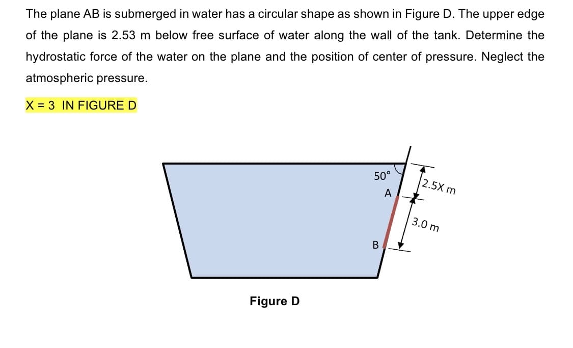 The plane AB is submerged in water has a circular shape as shown in Figure D. The upper edge
of the plane is 2.53 m below free surface of water along the wall of the tank. Determine the
hydrostatic force of the water on the plane and the position of center of pressure. Neglect the
atmospheric pressure.
X = 3 IN FIGURE D
Figure D
50°
B
A
2.5X m
3.0 m