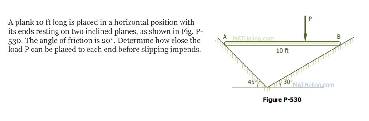 A plank 10 ft long is placed in a horizontal position with
its ends resting on two inclined planes, as shown in Fig. P-
530. The angle of friction is 20°. Determine how close the
load P can be placed to each end before slipping impends.
A MATHalino.com
В
10 ft
45
30°
MATHalino.com
Figure P-530
