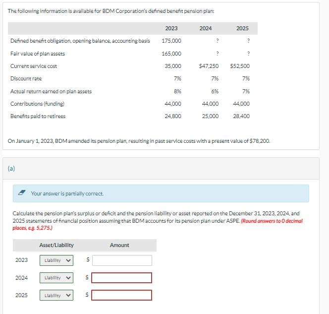 The following information is available for BDM Corporation's defined benefit pension plan:
Defined benefit obligation, opening balance, accounting basis
Fair value of plan assets
Current service cost
Discount rate
Actual return earned on plan assets
Contributions (funding)
Benefits paid to retirees
(a)
2023
2024
Your answer is partially correct.
2025
Asset/Liability
Llability
Liability
Liability
$
$
2023
175.000
165,000
35,000
$
7%
Amount
8%
44,000
24,800
2024
On January 1, 2023, BDM amended its pension plan, resulting in past service costs with a present value of $78,200.
?
?
$47,250
7%
6%
Calculate the pension plan's surplus or deficit and the pension liability or asset reported on the December 31, 2023, 2024, and
2025 statements of financial position assuming that BDM accounts for its pension plan under ASPE. (Round answers to O decimal
places, e.g. 5,275.)
44,000
25,000
2025
?
?
$52,500
7%
7%
44,000
28,400