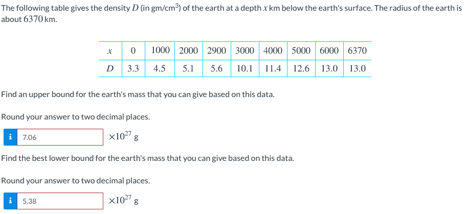 The following table gives the density D (in gm/cm³) of the earth at a depth x km below the earth's surface. The radius of the earth is
about 6370 km.
i
Find an upper bound for the earth's mass that you can give based on this data.
Round your answer to two decimal places.
i 7.06
x1027 g
Find the best lower bound for the earth's mass that you can give based on this data.
Round your answer to two decimal places.
X1027
5.38
0
D 3.3 4.5 5.1
1000 2000 2900 3000 4000 5000 6000 6370
5.6 10.1 11.4 12.6 13.0 13.0
g