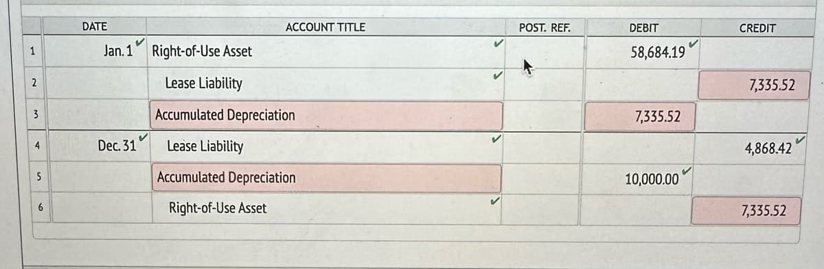 1
2
3
4
5
6
DATE
ACCOUNT TITLE
✓
Jan. 1 Right-of-Use Asset
Lease Liability
Accumulated Depreciation
Lease Liability
Accumulated Depreciation
Right-of-Use Asset
Dec. 31
POST. REF.
DEBIT
58,684.19
7,335.52
10,000.00
CREDIT
7,335.52
4,868.42
7,335.52