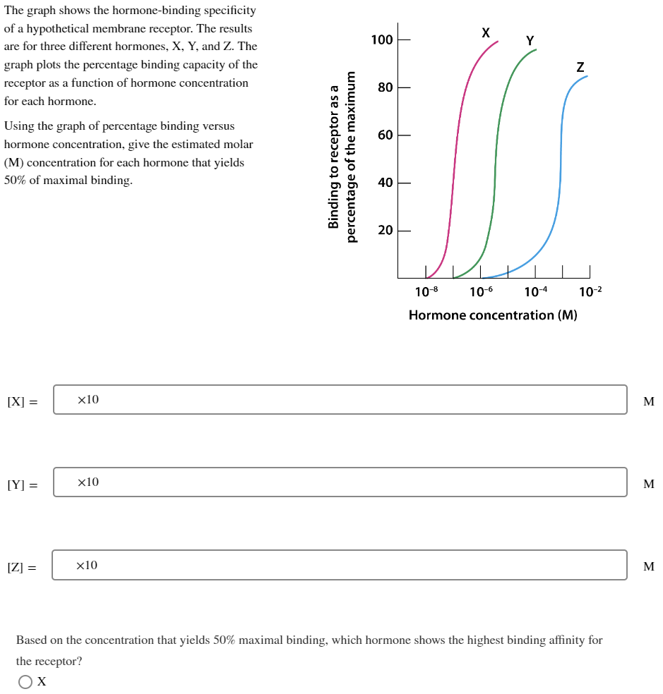 The graph shows the hormone-binding specificity
of a hypothetical membrane receptor. The results
are for three different hormones, X, Y, and Z. The
graph plots the percentage binding capacity of the
receptor as a function of hormone concentration
for each hormone.
Using the graph of percentage binding versus
hormone concentration, give the estimated molar
(M) concentration for each hormone that yields
50% of maximal binding.
[X] =
[Y] =
[Z] =
x10
x10
x10
Binding to receptor as a
percentage of the maximum
100
80
60
40
20
X
10-6
Y
10-4
Z
10-8
Hormone concentration (M)
10-²
Based on the concentration that yields 50% maximal binding, which hormone shows the highest binding affinity for
the receptor?
Ox
M
M
M