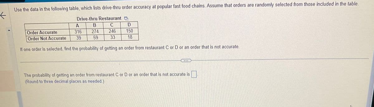 F
Use the data in the following table, which lists drive-thru order accuracy at popular fast food chains. Assume that orders are randomly selected from those included in the table.
Drive-thru Restaurant D
C
D
Order Accurate
246
150
Order Not Accurate
33
18
If one order is selected, find the probability of getting an order from restaurant C or D or an order that is not accurate.
A
316
39
B
274
59
CELE
The probability of getting an order from restaurant C or D or an order that is not accurate is
(Round to three decimal places as needed.)