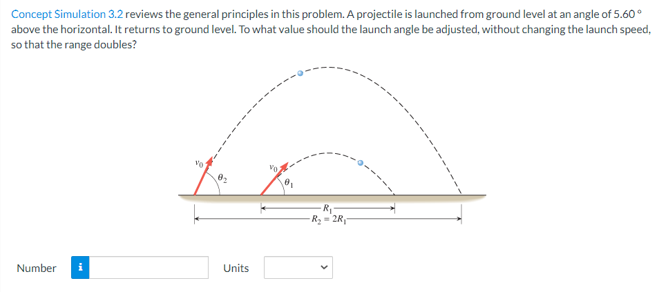 Concept Simulation 3.2 reviews the general principles in this problem. A projectile is launched from ground level at an angle of 5.60°
above the horizontal. It returns to ground level. To what value should the launch angle be adjusted, without changing the launch speed,
so that the range doubles?
Number
i
Vo
0₂
Units
-R₁
-R₂ = 2R₁
