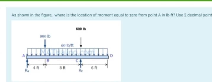 As shown in the figure, where is the location of moment equal to zero from point A in lb-ft? Use 2 decimal point
600 lb
900 lb
D
Ra
4 ft
60 lb/ft
8 ft
Re
6ft