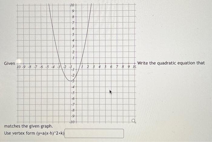 Given
10-9-8-7-6-54
m
-2
matches the given graph.
Use vertex form (y=a(x-h)^2+k)
10
9-
8
7
6-
५.
732
4
+
a N
3
--4-
-5
-6-
-7
-8-
9
10+
9
1 2 3 4
6
*
8 9 10
Write the quadratic equation that