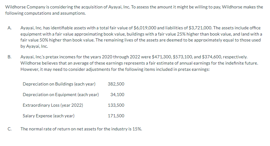 Wildhorse Company is considering the acquisition of Ayayai, Inc. To assess the amount it might be willing to pay, Wildhorse makes the
following computations and assumptions.
A.
B.
C.
Ayayai, Inc. has identifiable assets with a total fair value of $6,019,000 and liabilities of $3,721,000. The assets include office
equipment with a fair value approximating book value, buildings with a fair value 25% higher than book value, and land with a
fair value 50% higher than book value. The remaining lives of the assets are deemed to be approximately equal to those used
by Ayayai, Inc.
Ayayai, Inc's pretax incomes for the years 2020 through 2022 were $471,300, $573,100, and $374,600, respectively.
Wildhorse believes that an average of these earnings represents a fair estimate of annual earnings for the indefinite future.
However, it may need to consider adjustments for the following items included in pretax earnings:
Depreciation on Buildings (each year)
Depreciation on Equipment (each year)
Extraordinary Loss (year 2022)
Salary Expense (each year)
382,500
34,100
133,500
171,500
The normal rate of return on net assets for the industry is 15%.