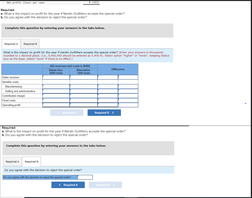 Net profit (loss) per case
Required:
a. What is the impact on profit for the year if Nardin Outfitters accepts the special order?
b. Do you agree with the decision to reject the special order?
Complete this question by entering your answers in the tabs below.
Required A
Required B
What is the impact on profit for the year if Nardin Outfitters accepts the special order? (Enter your answers in thousands
rounded to 1 decimal place. (i.e., 5,400,400 should be entered as 5,400.4). Select option "higher" or "lower", keeping Status
Quo as the base. Select "none" if there is no effect.)
Sales revenue
Variable costs:
$ (212)
Manufacturing
Selling and administrative
Contribution margin
Fixed costs
Operating profit
(All revenues and costs in $000)
Status Quo
Alternative
7200 Units
5000 Units
< Required A
Required A
Required B
Do you agree with the decision to reject the special order?
Do you agree with the decision to reject the special order?
< Required A
Difference
Required B >
Required:
a. What is the impact on profit for the year if Nardin Outfitters accepts the special order?
b. Do you agree with the decision to reject the special order?
Complete this question by entering your answers in the tabs below.
Required B >