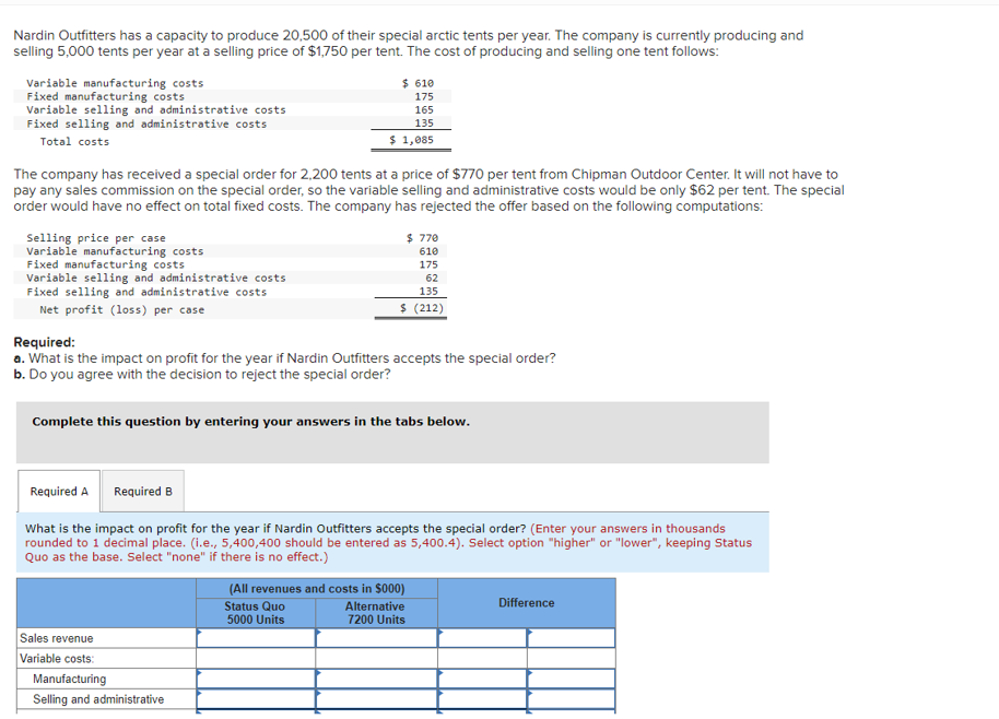 Nardin Outfitters has a capacity to produce 20,500 of their special arctic tents per year. The company is currently producing and
selling 5,000 tents per year at a selling price of $1,750 per tent. The cost of producing and selling one tent follows:
Variable manufacturing costs
Fixed manufacturing costs
Variable selling and administrative costs
Fixed selling and administrative costs
Total costs
The company has received a special order for 2,200 tents at a price of $770 per tent from Chipman Outdoor Center. It will not have to
pay any sales commission on the special order, so the variable selling and administrative costs would be only $62 per tent. The special
order would have no effect on total fixed costs. The company has rejected the offer based on the following computations:
Selling price per case
Variable manufacturing costs
Fixed manufacturing costs
Variable selling and administrative costs
Fixed selling and administrative costs
Net profit (loss) per case
$ 610
175
165
135
$ 1,085
Required:
a. What is the impact on profit for the year if Nardin Outfitters accepts the special order?
b. Do you agree with the decision to reject the special order?
Complete this question by entering your answers in the tabs below.
Required A
$ 770
610
175
62
135
$ (212)
Required B
What is the impact on profit for the year if Nardin Outfitters accepts the special order? (Enter your answers in thousands
rounded to 1 decimal place. (i.e., 5,400,400 should be entered as 5,400.4). Select option "higher" or "lower", keeping Status
Quo as the base. Select "none" if there is no effect.)
Sales revenue
Variable costs:
Manufacturing
Selling and administrative
(All revenues and costs in $000)
Status Quo
Alternative
5000 Units
7200 Units
Difference