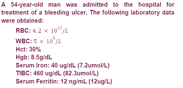 A 54-year-old man was admitted to the hospital for
treatment of a bleeding ulcer. The following laboratory data
were obtained:
RBC: 4.2 x 10¹2/L
WBC: 5 x 10°/L
Hct: 30%
Hgb: 8.5g/dL
Serum Iron: 40 ug/dL (7.2umol/L)
TIBC: 460 ug/dL (82.3umol/L)
Serum Ferritin: 12 ng/mL (12ug/L)