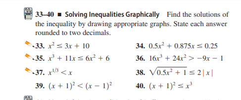 | 33–40 - Solving Inequalities Graphically Find the solutions of
the inequality by drawing appropriate graphs. State each answer
rounded to two decimals.
33. x² < 3x + 10
35. x + 11x < 6x² + 6
34. 0.5x + 0.875x< 0.25
36. 16x + 24x² > -9x – 1
37. x/3 <x
38. Vo.5x² + 1 <2|x|
39. (x + 1)² < (x – 1)²
40. (x + 1)² < x³
