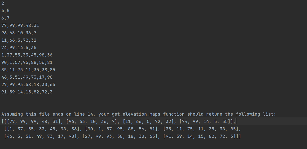 2
4,5
6,7
77,99,99,48,31
96,63,10,36,7
11,66,5,72,32
74,99,14,5,35
1,37,55,33,45,98,36
90,1,57,95,88,56,81
35,11,75,11, 35,38,85
46,3,51,49,73,17,90
27,99,93,58,18,30,65
91,59,14,15,82,72,3
Assuming this file ends on line 14, your get_elevation_maps function should return the following list:
[[[77, 99, 99, 48, 31], [96, 63, 10, 36, 7], [11, 66, 5, 72, 32], [74, 99, 14, 5, 35]],|
[[1, 37, 55, 33, 45, 98, 36], [90, 1, 57, 95, 88, 56, 81], [35, 11, 75, 11, 35, 38, 85],
[46, 3, 51, 49, 73, 17, 90], [27, 99, 93, 58, 18, 30, 65], [91, 59, 14, 15, 82, 72, 3]]]
